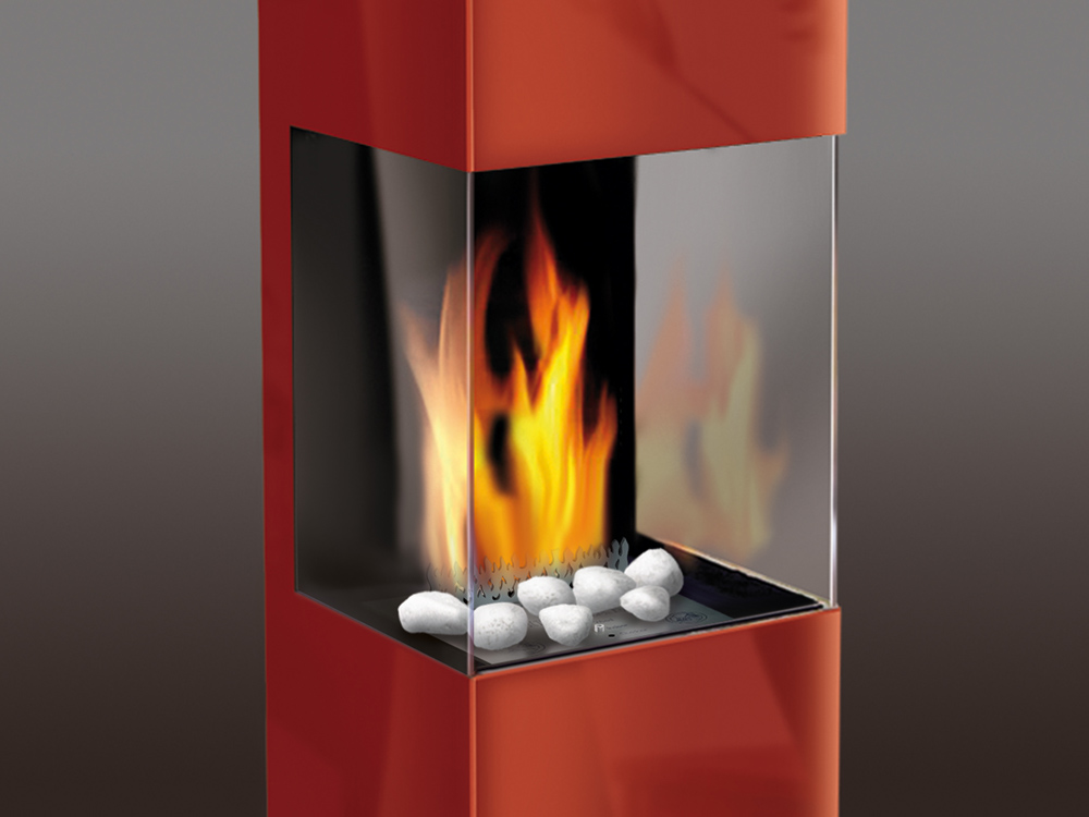 Ethanolfeuer Square Glass in rot mit Feuerbox und Dekorsteinen